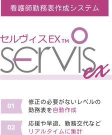 【看護師勤務表作成システム】セルヴィスEX TM SERVIS ex、（01）修正の必要がないレベルの勤務表を自動作成、（02）応援や早退、勤務交代などリアルタイムに集計